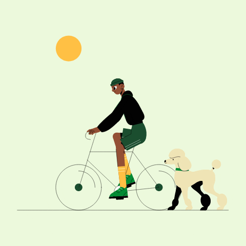 a gif of a man cycling with a dog